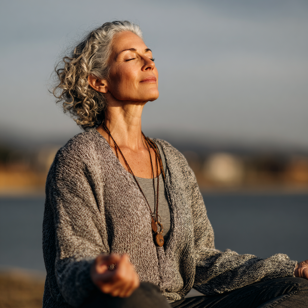 mature woman in peaceful yoga meditation pose outdoors