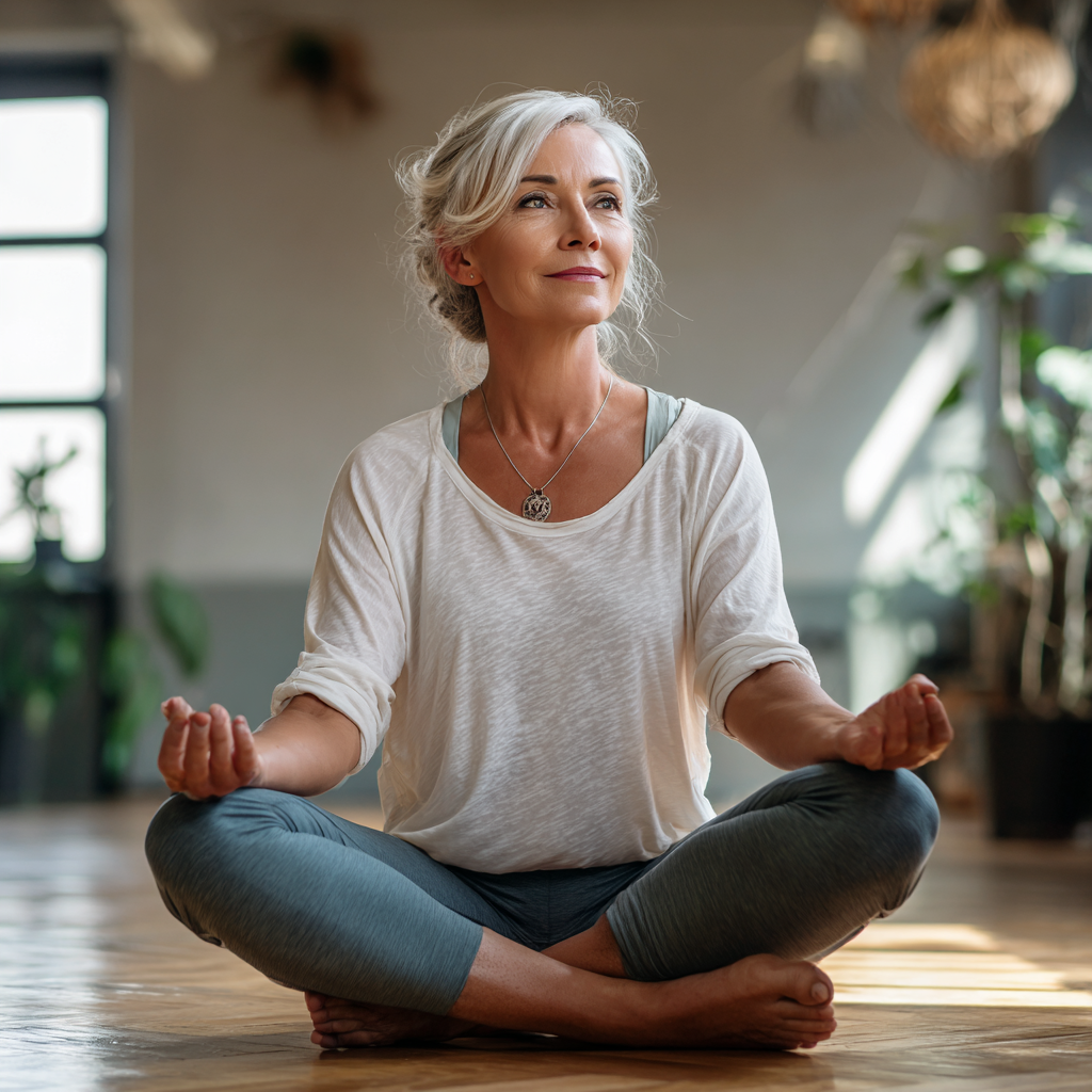 middle-aged woman practicing gentle yoga poses in peaceful studio